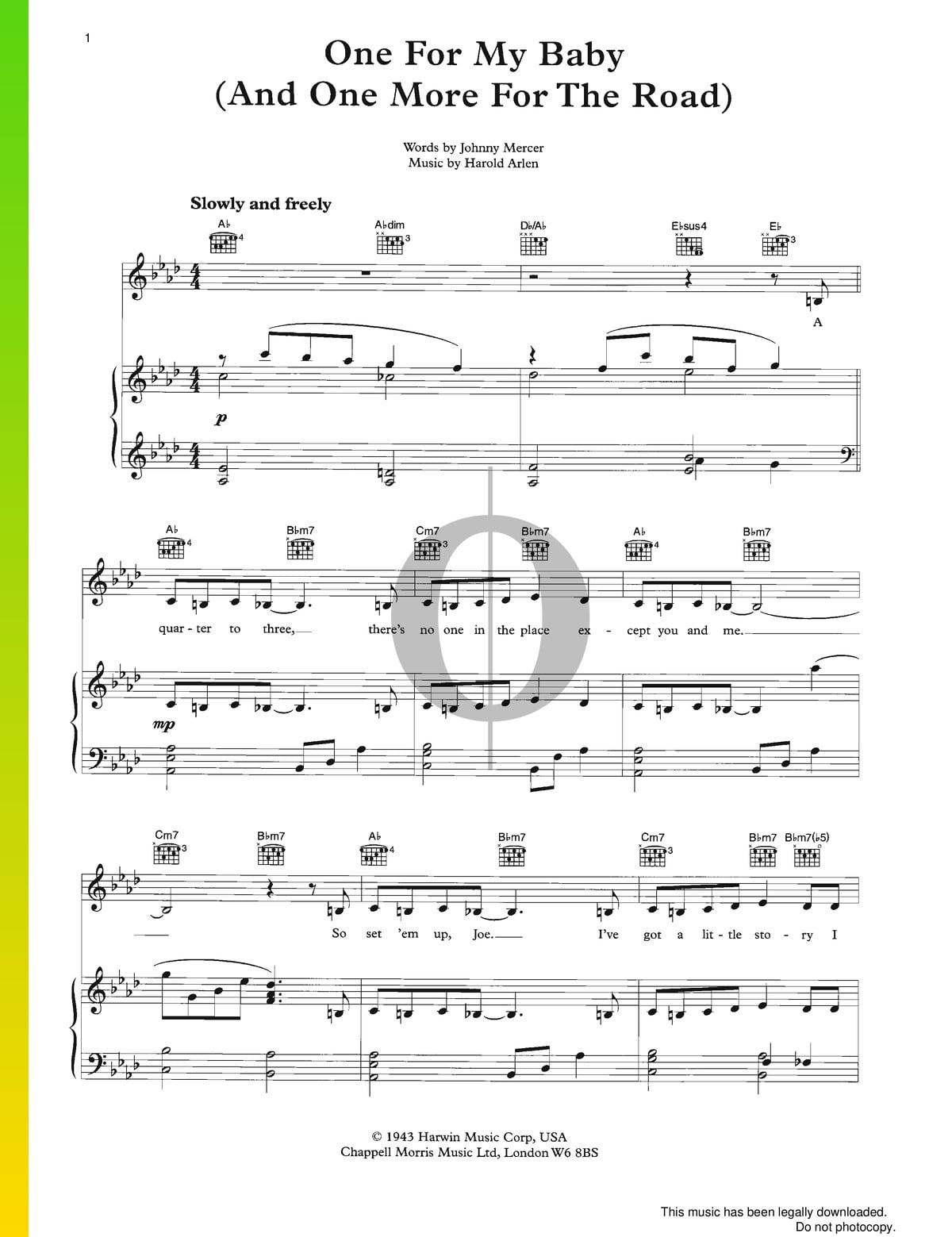 One For My Baby And One More For The Road Sheet Music Piano Voice Guitar Pdf Download Streaming Oktav