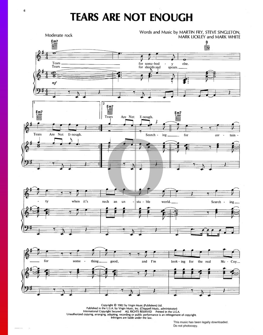 Tears Are Not Enough (ABC) Piano Sheet Music - OKTAV