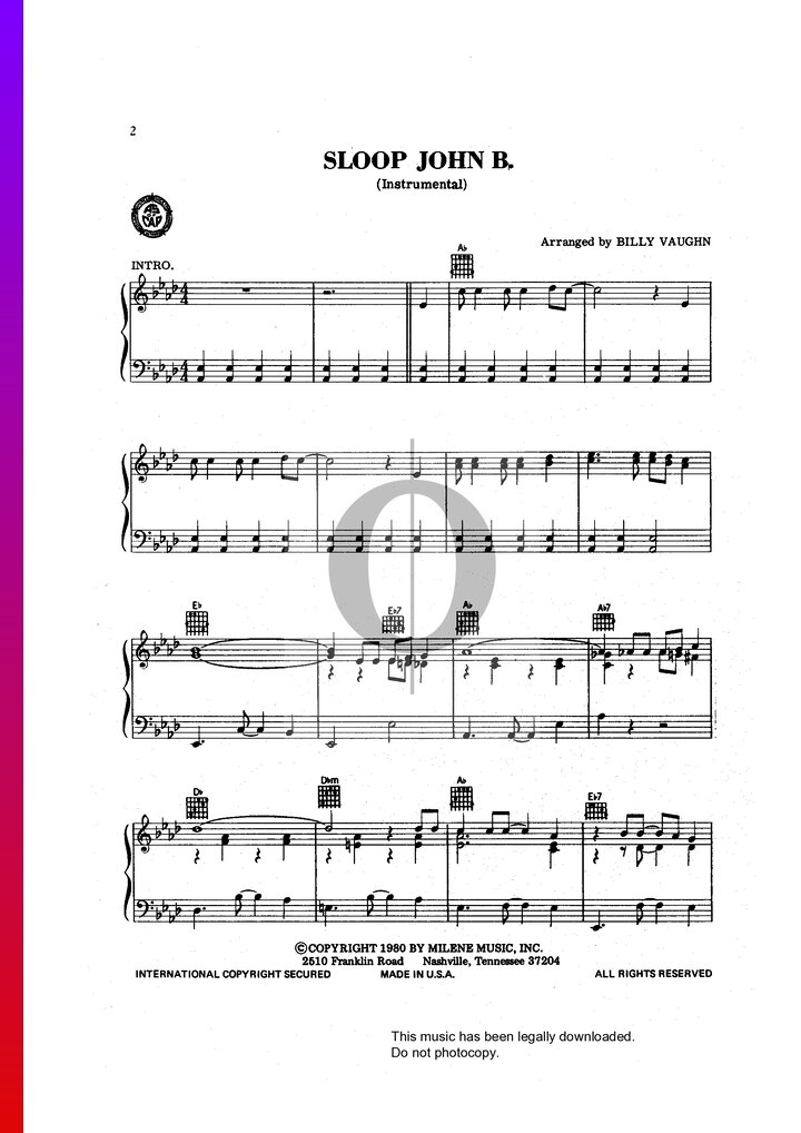 Sloop John B (The Beach Boys) Piano Sheet Music - OKTAV