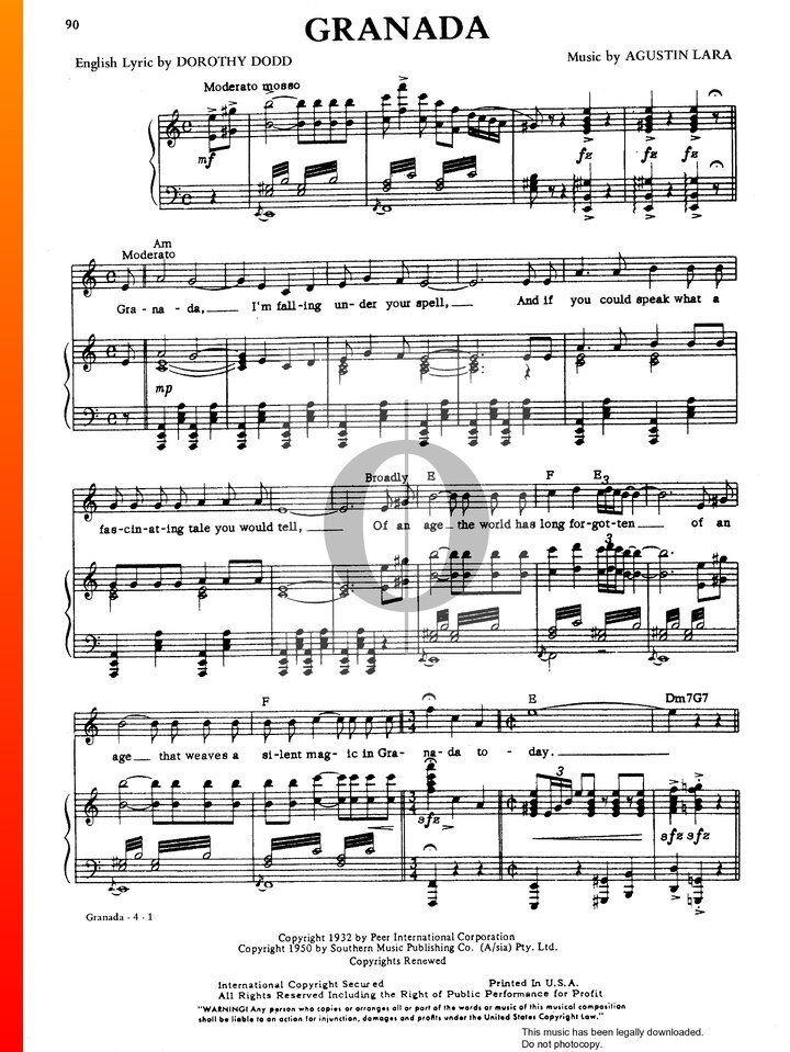 Granada   Agustín Lara Sheet Music For Piano, Vocals (Piano Voice