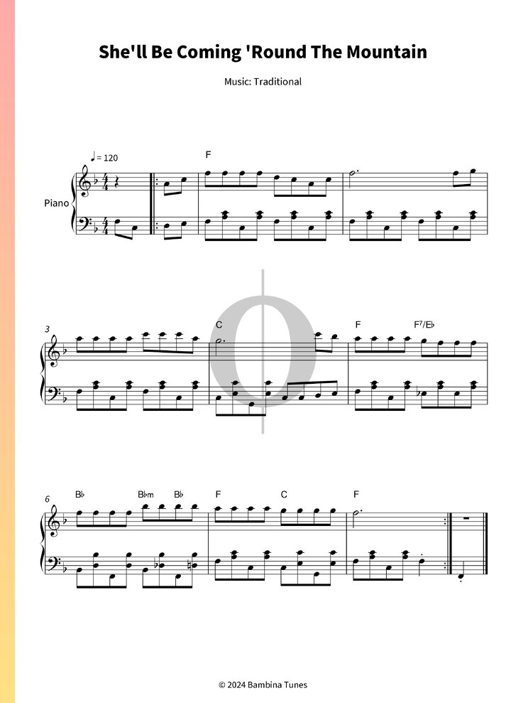 She'll Be Coming 'Round The Mountain (Anonymous) Piano Sheet Music - OKTAV