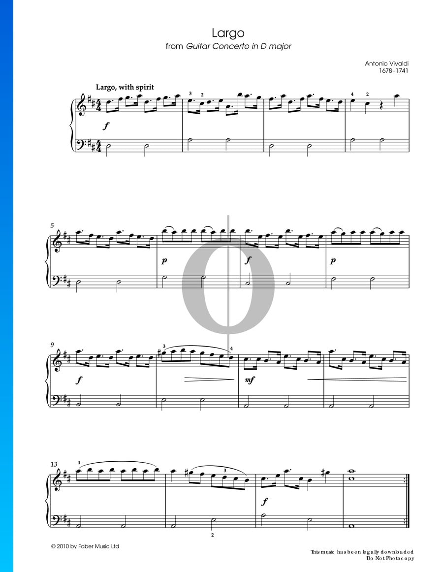 Lute Concerto In D Major, RV 93: 2. Largo (Antonio Vivaldi) Piano Sheet ...