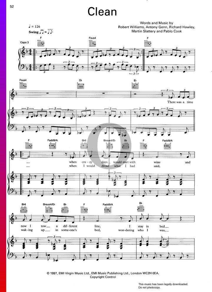 Clean (Robbie Williams) Piano Sheet Music - OKTAV