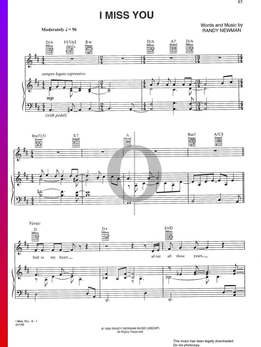 I Miss You (Randy Newman) Piano Sheet Music - OKTAV