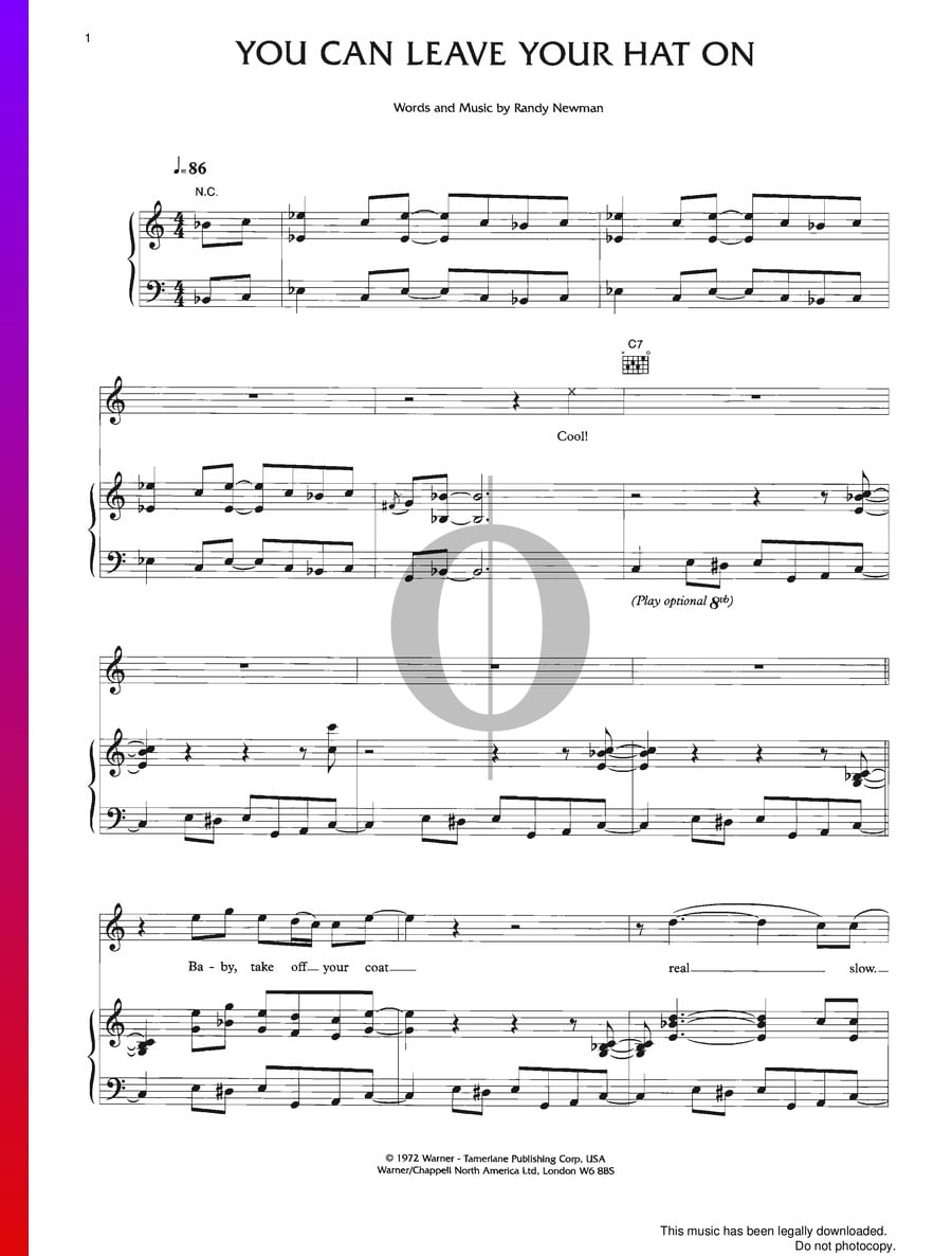 You Can Leave Your Hat On (Joe Cocker) Piano Sheet Music - OKTAV