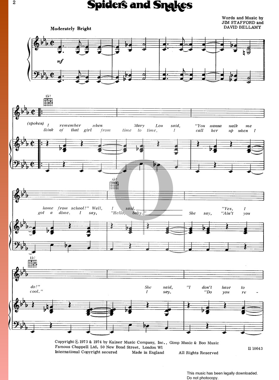 Spiders And Snakes (Jim Stafford) Piano Sheet Music - OKTAV