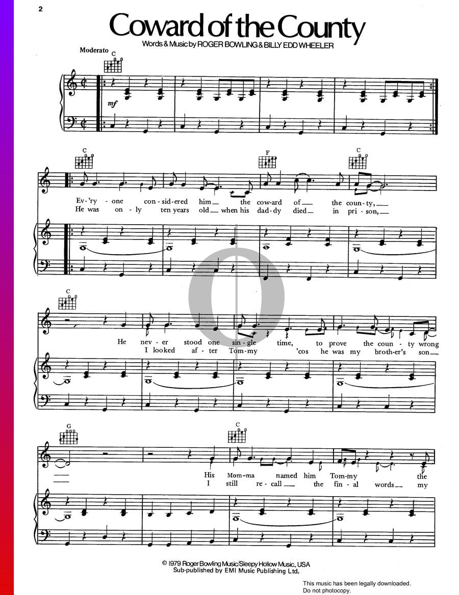 Coward Of The County (Kenny Rogers) Piano Sheet Music OKTAV