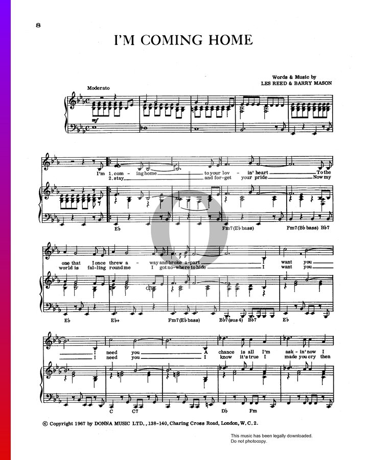 I'm Coming Home (Tom Jones) Piano Sheet Music - OKTAV