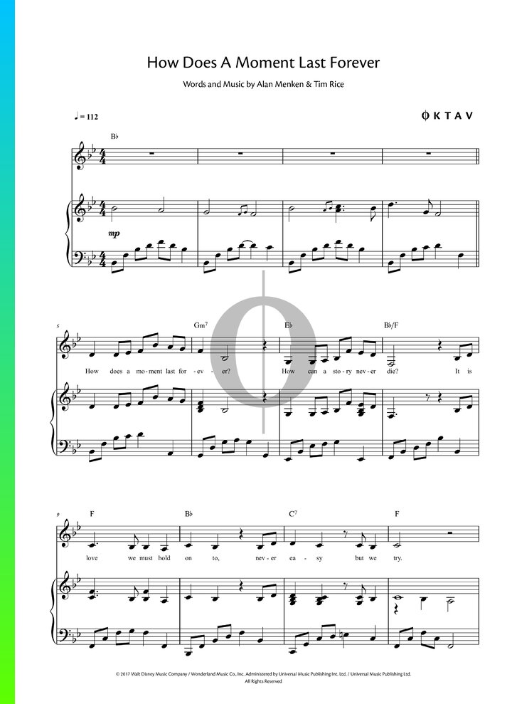 How does a moment last forever piano sheet music from beauty and the
