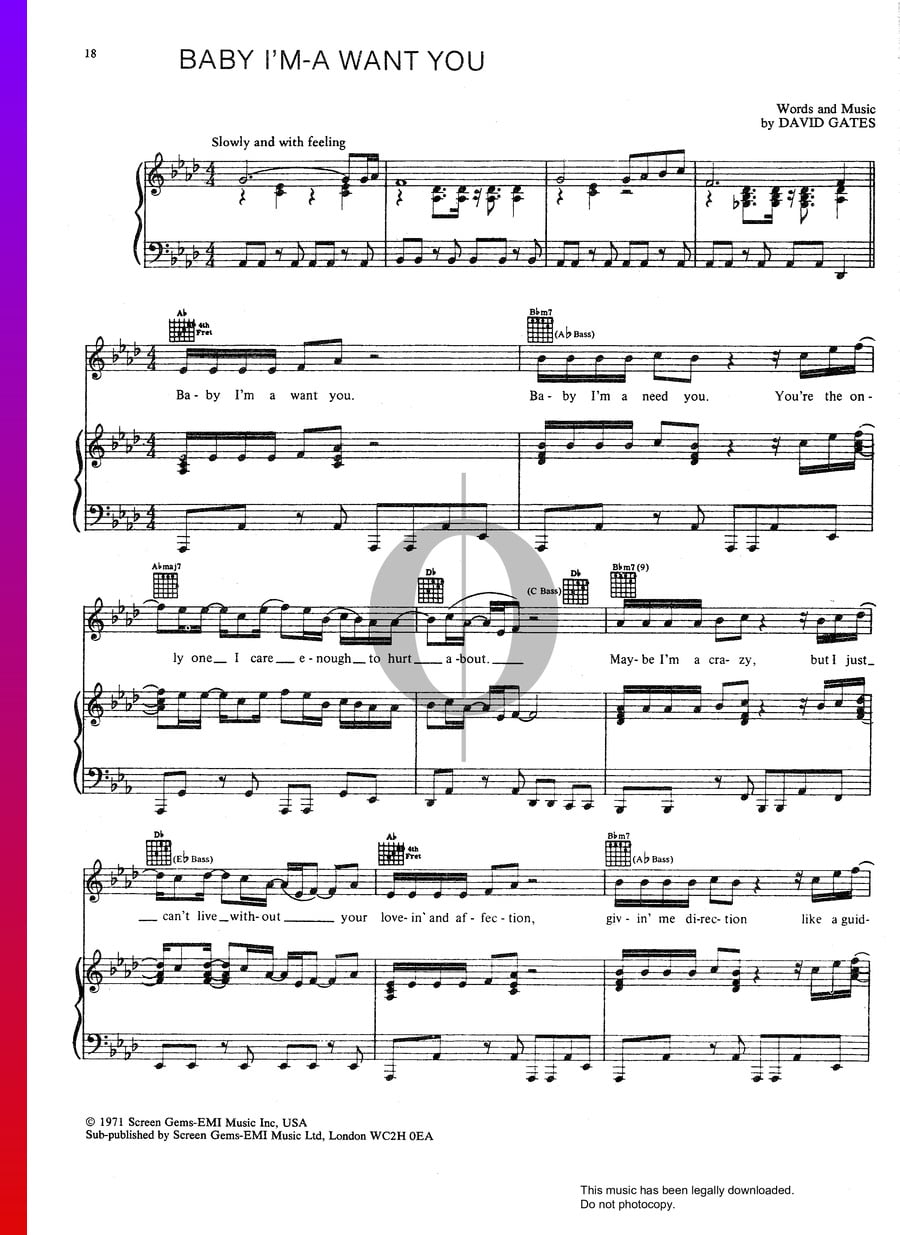 Baby I'm-A Want You (Bread) Piano Sheet Music - OKTAV