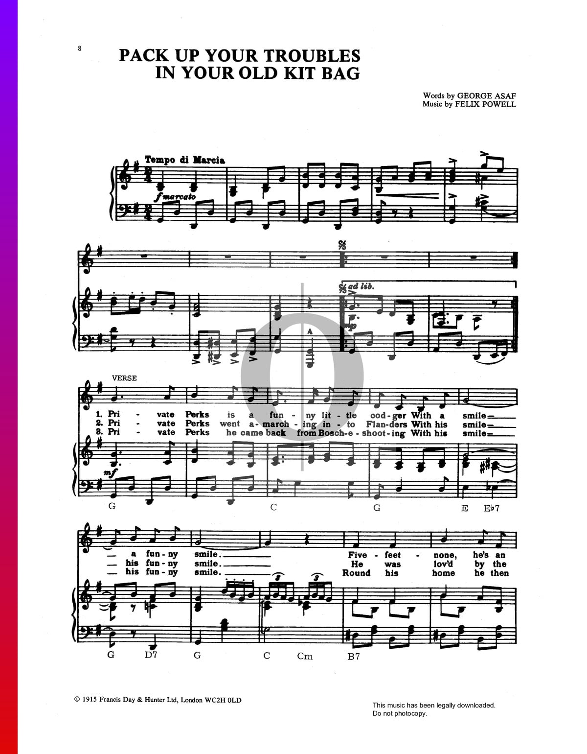 Pack Up Your Troubles In Your Old Kit Bag Spartito Pianoforte Voce 