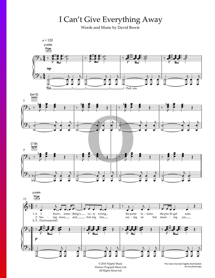 I Can't Give Everything Away (David Bowie) Piano Sheet Music OKTAV