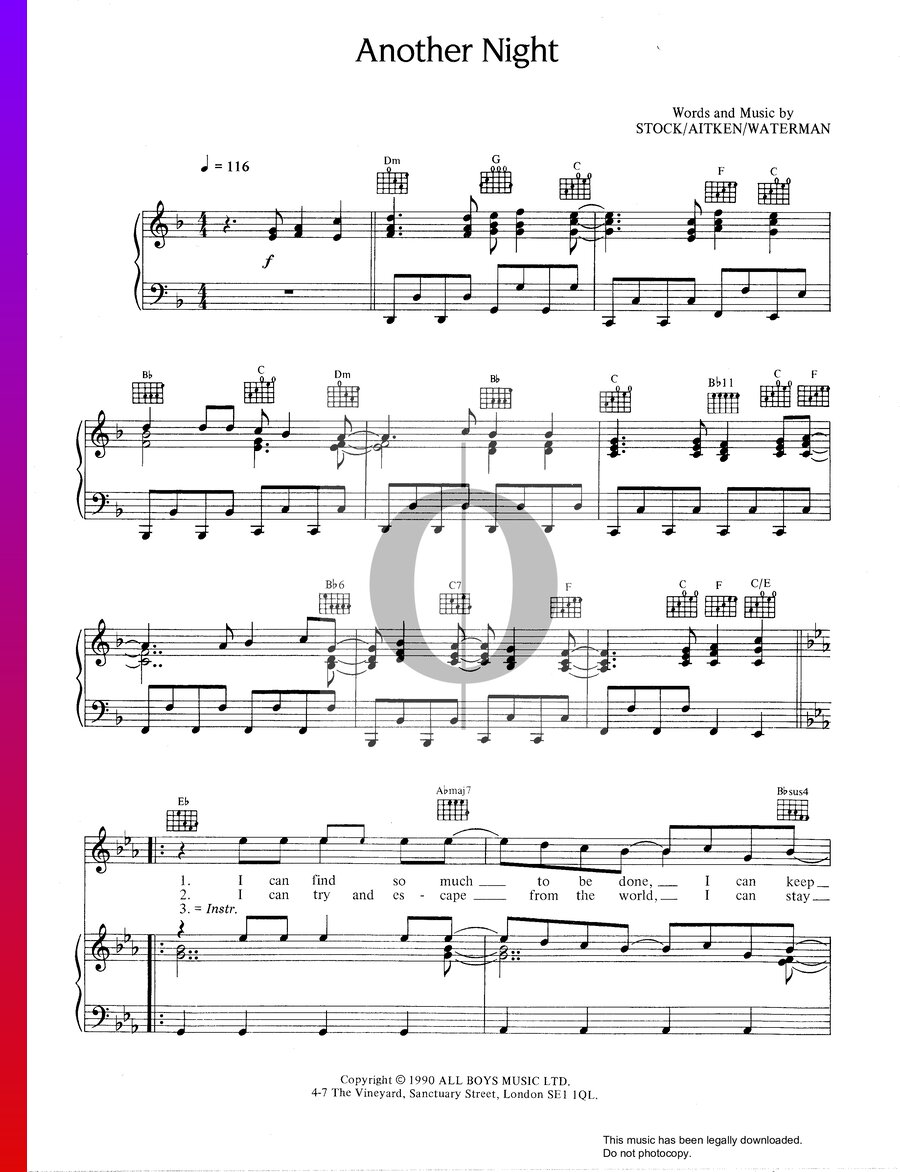 Another Night (Jason Donovan) Piano Sheet Music - OKTAV