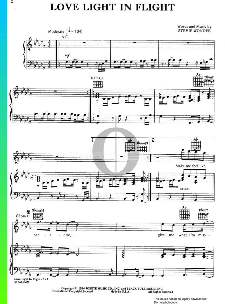 Love Light In Flight Piano Sheet Music from The Woman in Red by Stevie ...