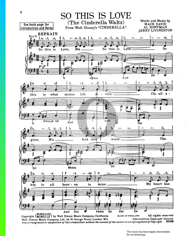 So This Is Love Piano Sheet Music from Cinderella by Jerry Livingston ...