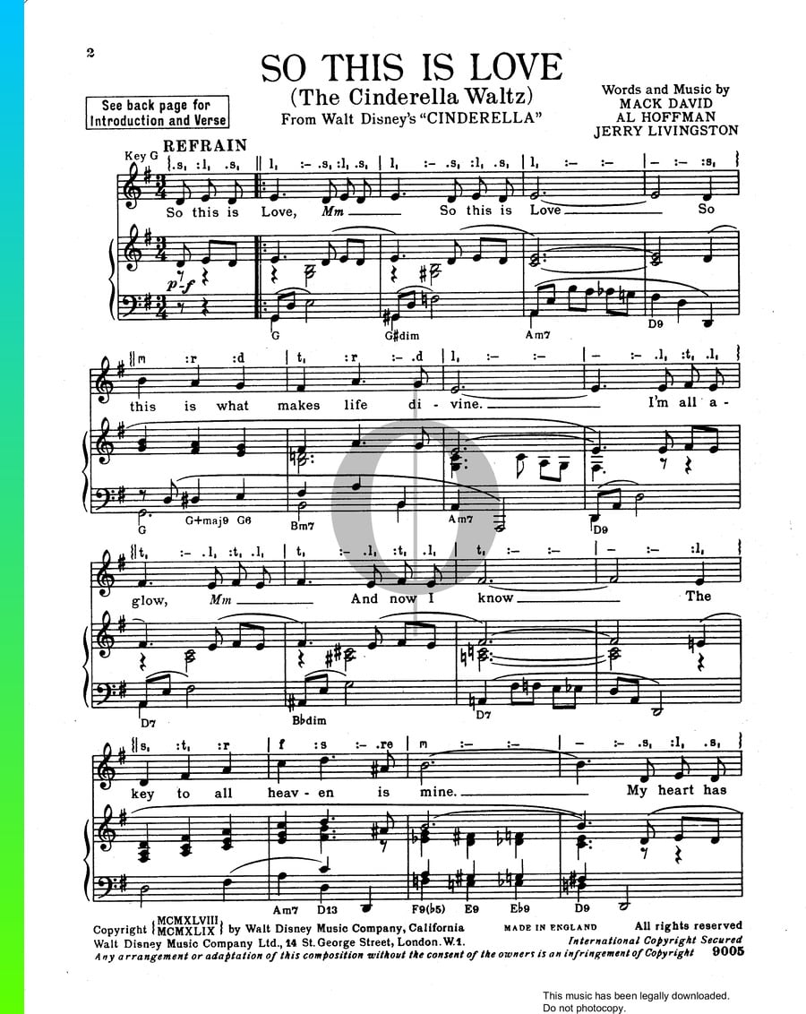 So This Is Love Piano Sheet Music From Cinderella By Jerry Livingston Mack David Al Hoffman 8441