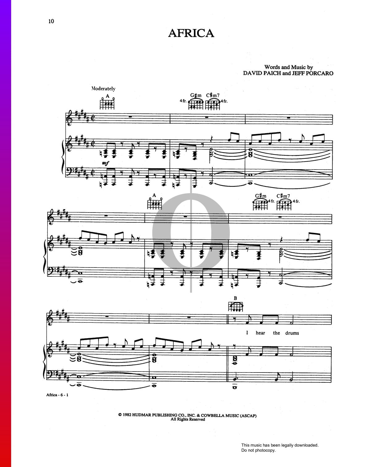 sal Caballero amable Salida Africa Partitura » Toto (Piano, Guitarra, Voz) | Descarga PDF - OKTAV
