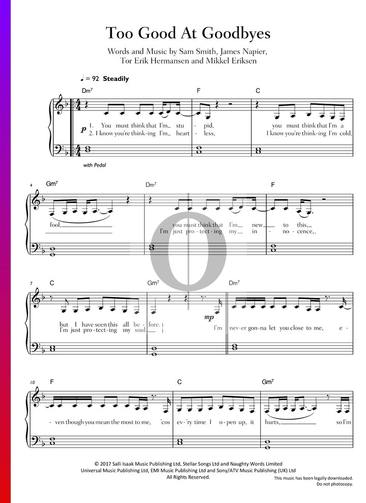 Too Good At Goodbyes Piano Sheet Too Good At Goodbyes (Sam Smith) Piano Sheet Music - OKTAV