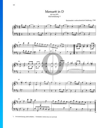 Menuett D-Dur, KV 94 (73h) Musik-Noten