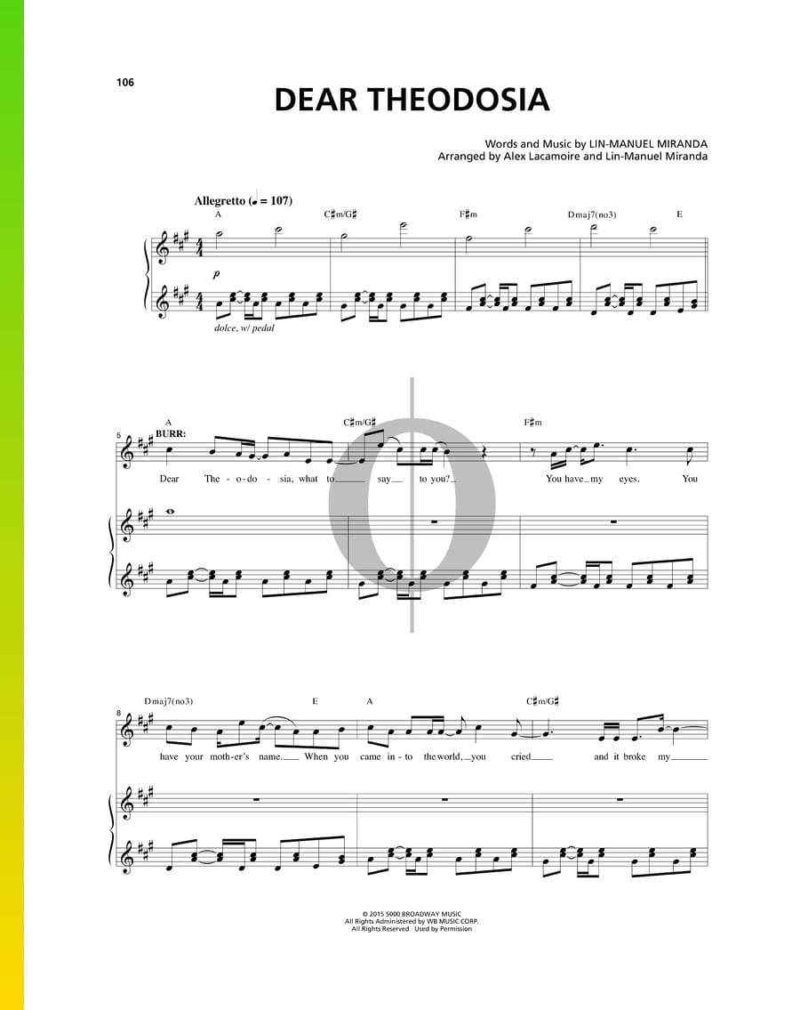 Dear Theodosia (LinManuel Miranda) Piano Sheet Music OKTAV