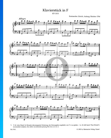 Klavierstück F-Dur, KV 33b Musik-Noten