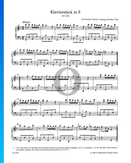 Klavierstück F-Dur, KV 33b Musik-Noten