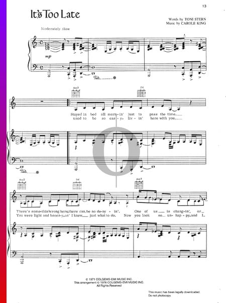 It's Too Late Musik-Noten