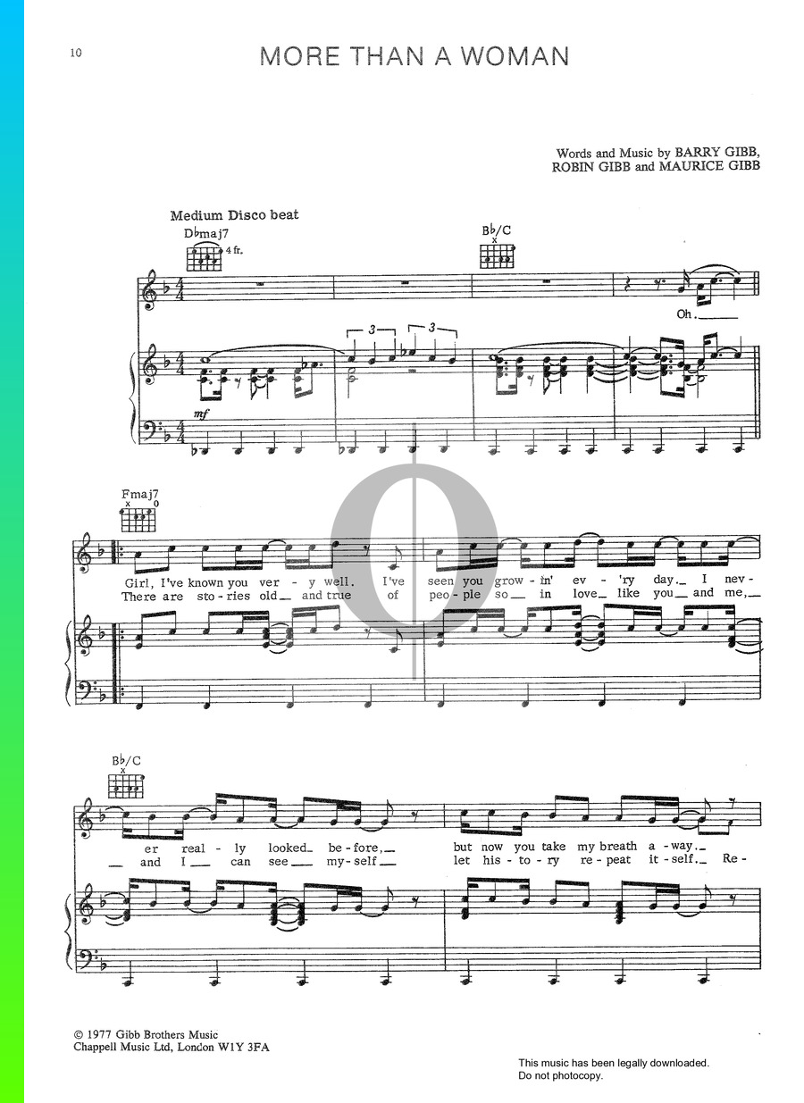 More Than A Woman Piano Sheet Music from Saturday Night Fever by ...