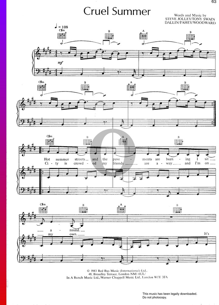 Cruel Summer (Bananarama) Piano Sheet Music - OKTAV