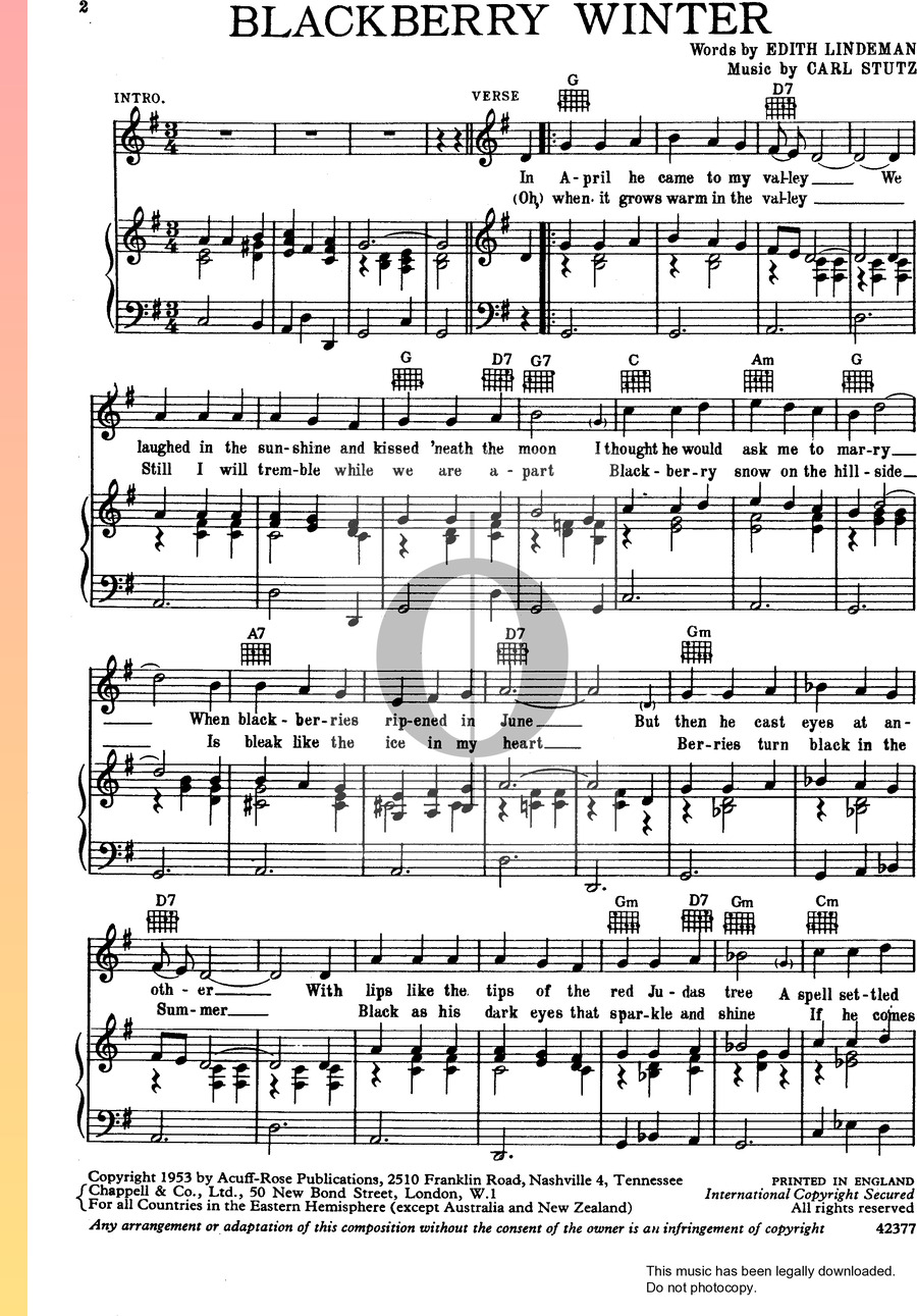 Blackberry Winter Sheet Music (Piano, Guitar, Voice) OKTAV