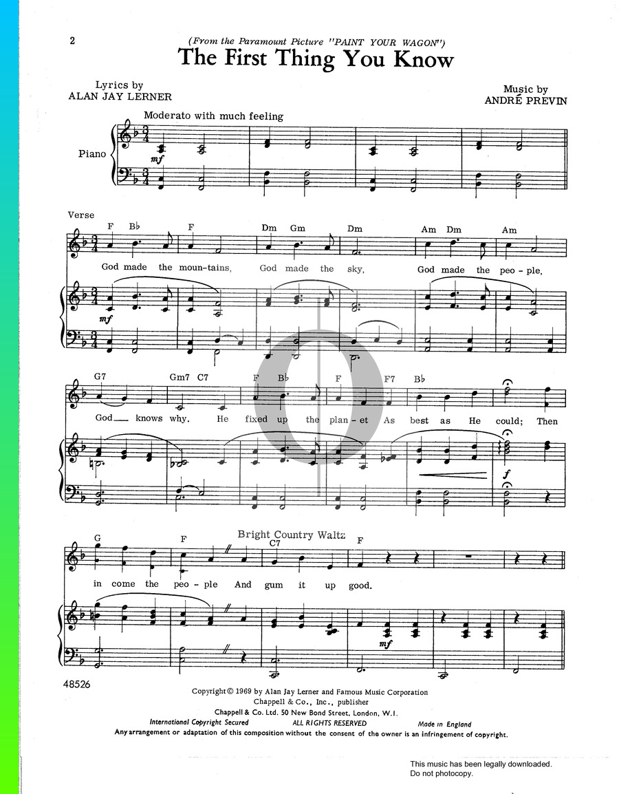 The First Thing You Know Piano Sheet Music from Paint Your Wagon by
