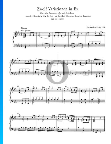12 variaciones en mi bemol mayor, KV 354 (299a) Partitura