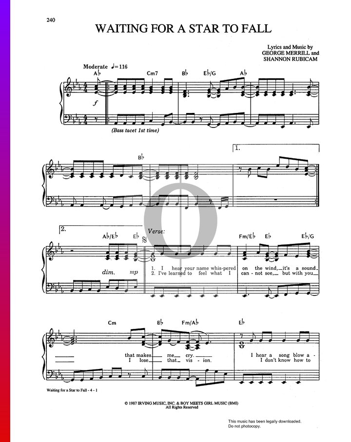 Waiting for a star to fall boy meets girl piano sheet music oktav