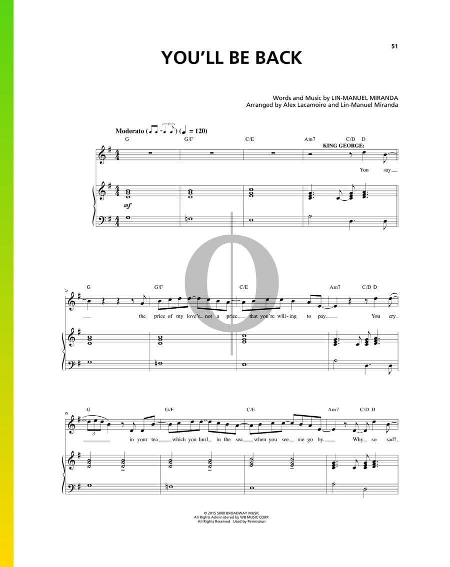 You'll Be Back (Lin-Manuel Miranda) Piano Sheet Music - OKTAV