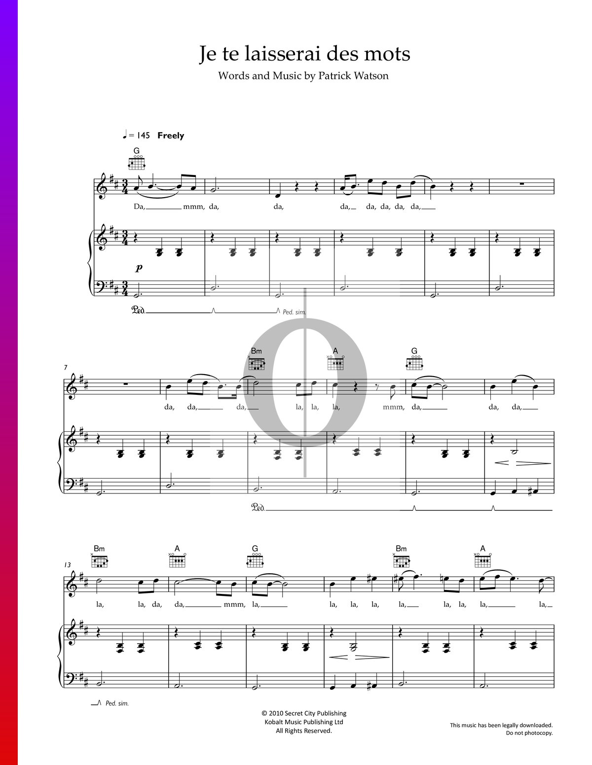 Je te laisserai des mots Partitura » Patrick Watson (Piano, Voz, Guitarra)  | Descarga PDF - OKTAV