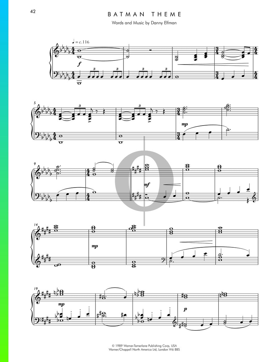 Batman Theme Piano Sheet Music from Batman by Danny Elfman OKTAV