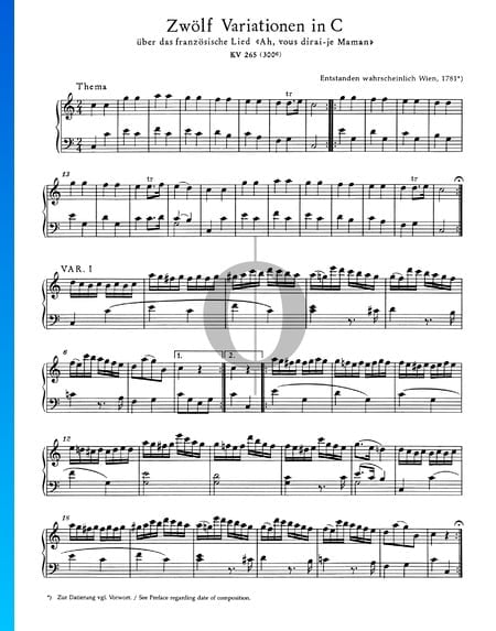 Zwölf Variationen in C-Dur, KV 265 (300e) Musik-Noten