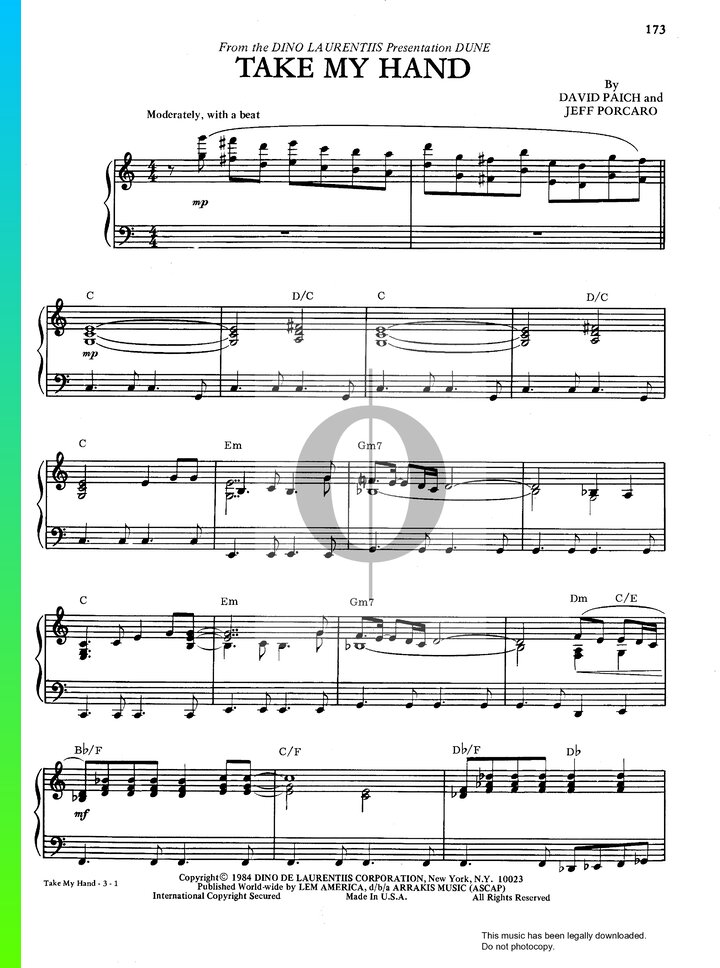 Take My Hand Piano Sheet Music from Dune by Toto OKTAV