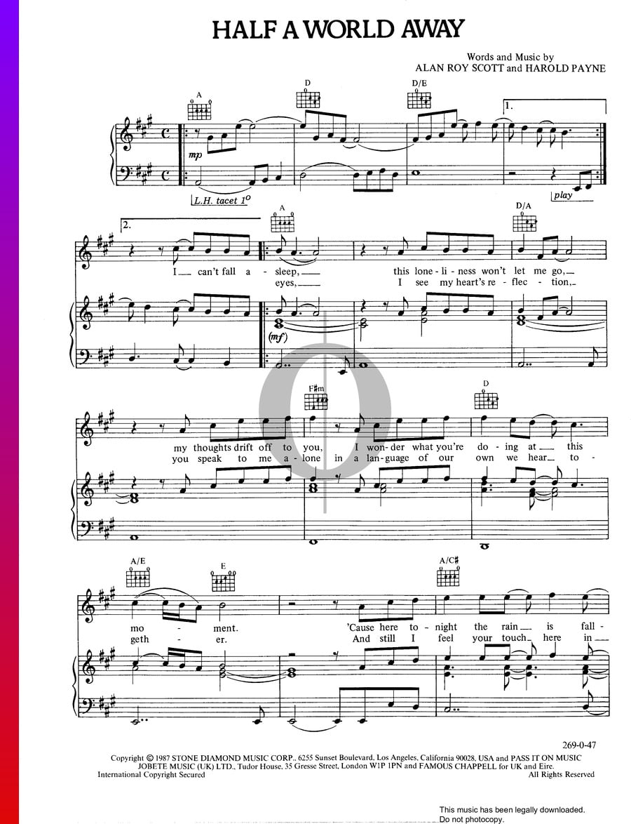 Half A World Away Sheet Music (Piano, Guitar, Voice) - OKTAV