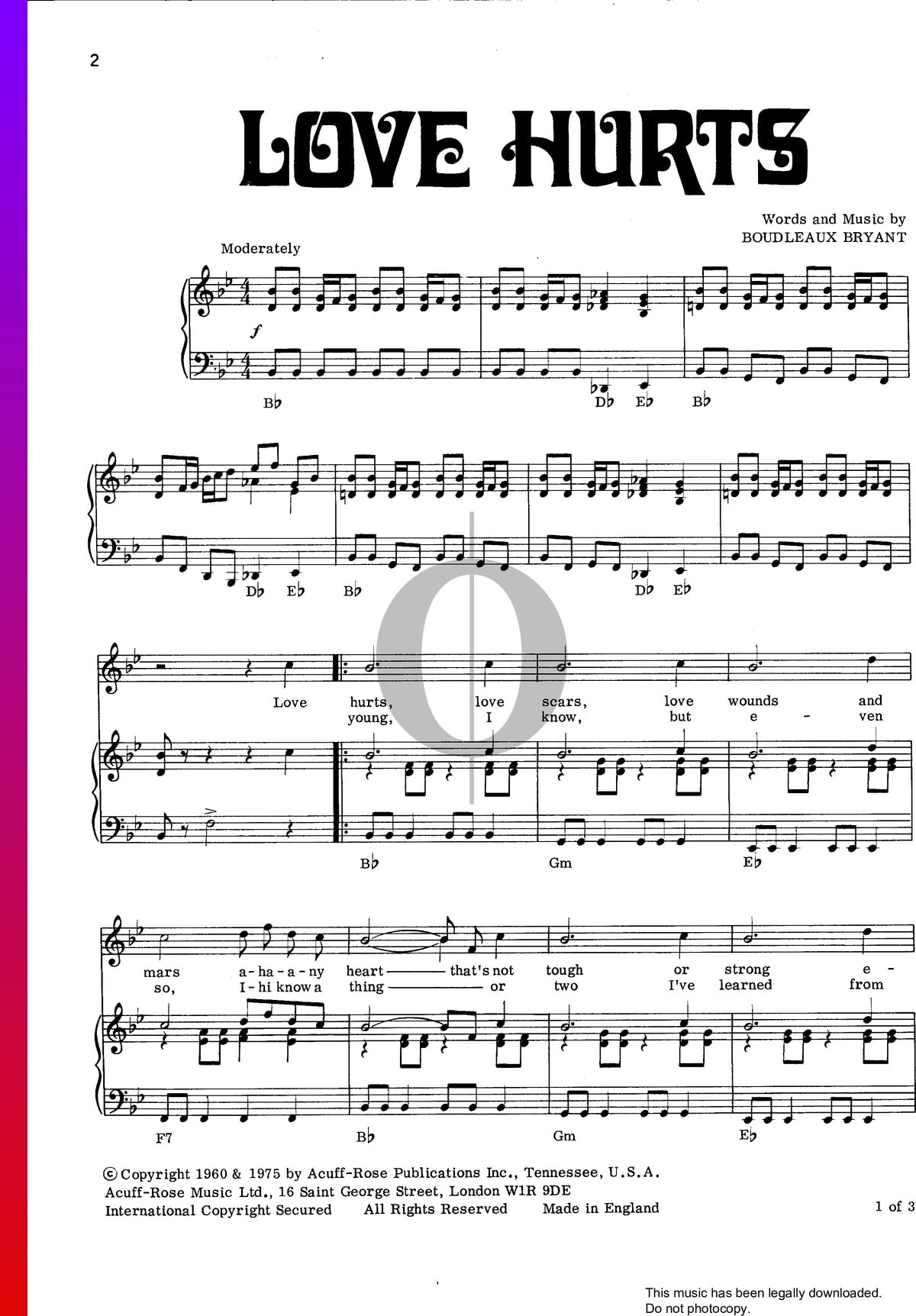 Love Hurts Sheet Music (Piano, Voice) - PDF Download ...