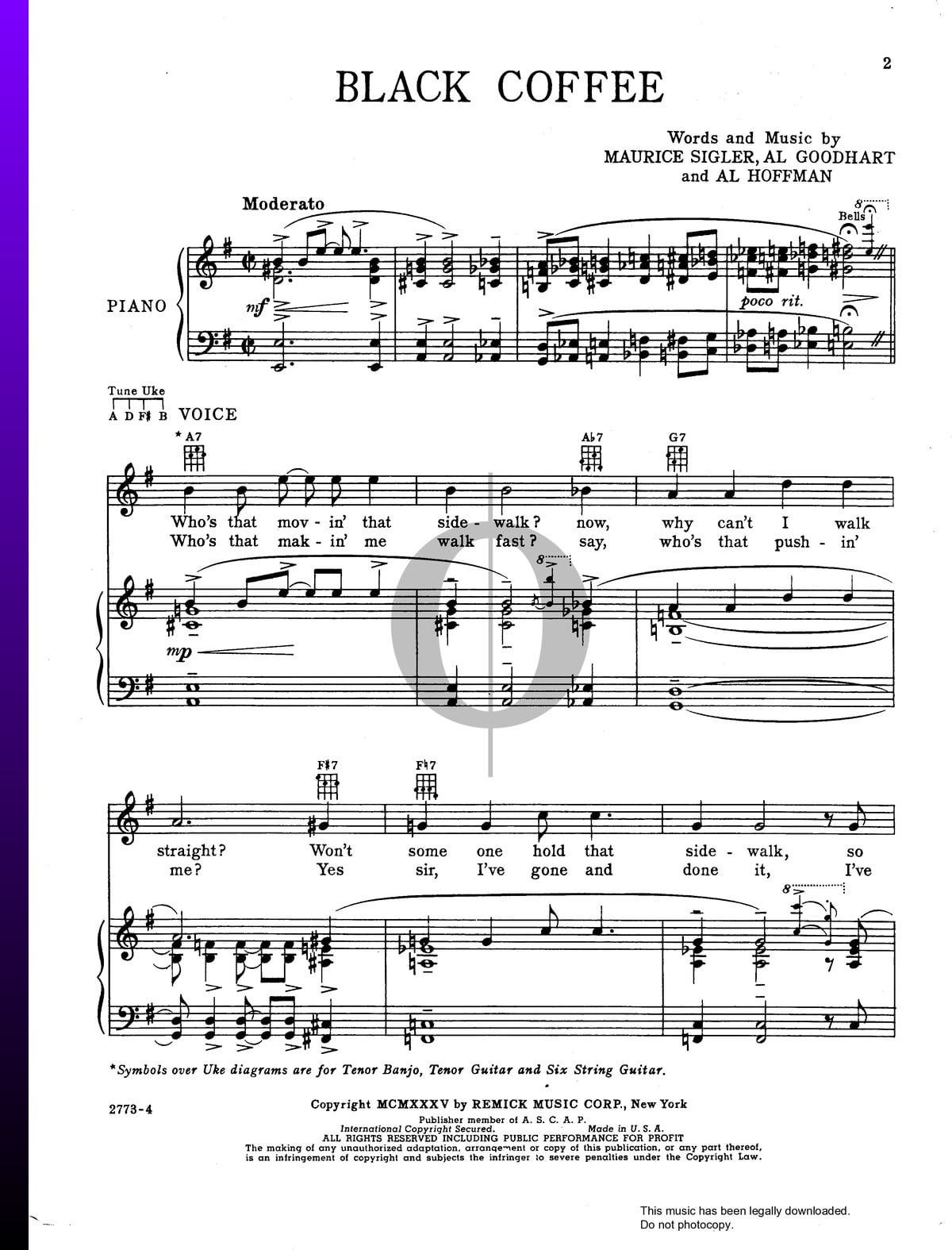 Black Coffee, (easy) sheet music for piano solo (PDF)