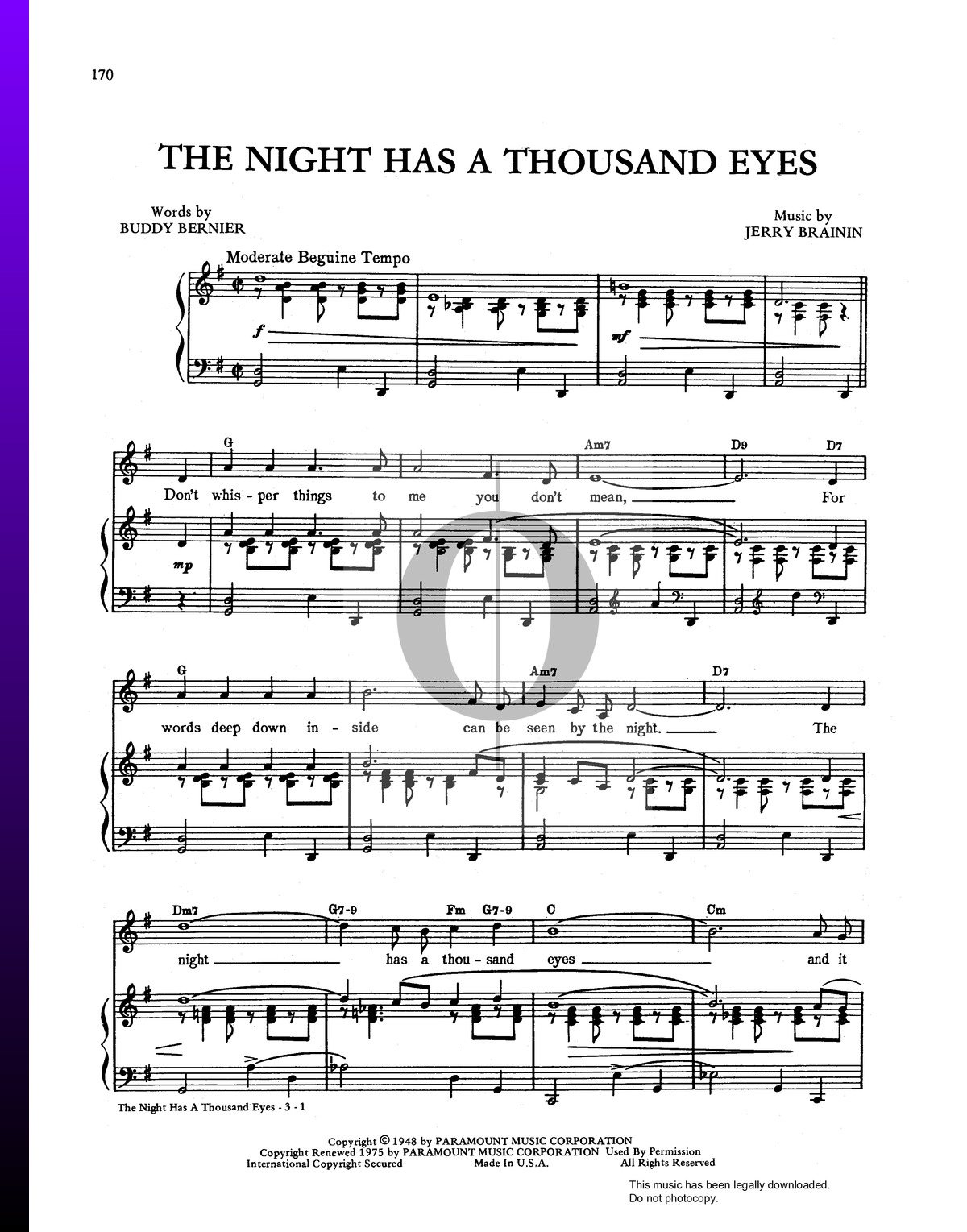The Night Has A Thousand Eyes Sheet Music Piano Voice Pdf Download Streaming Oktav