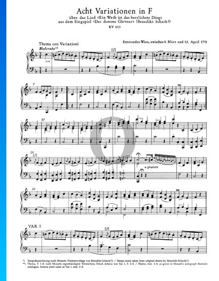 8 Variations in F Major, KV 613 Sheet Music