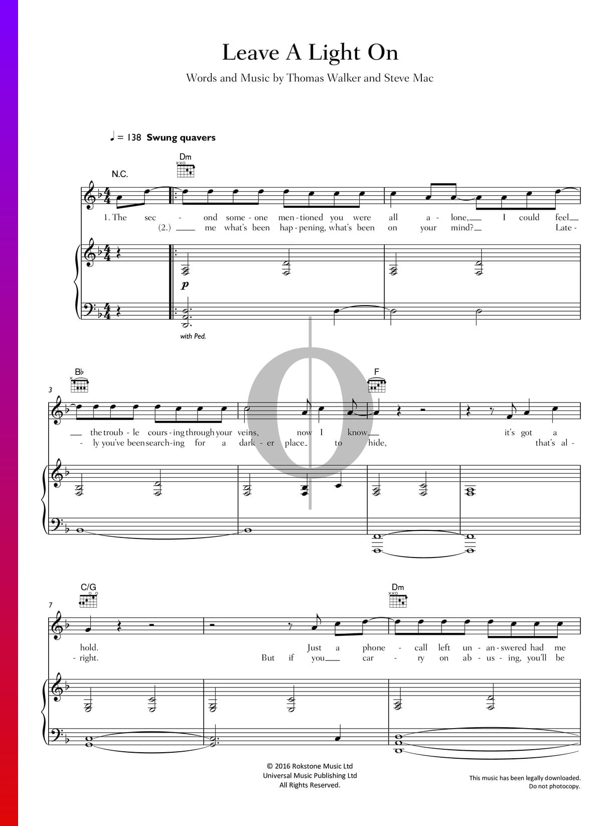 Perfecto Para editar Piscina Leave A Light On Partitura » Tom Walker (Piano, Guitarra, Voz) | Descarga  PDF - OKTAV