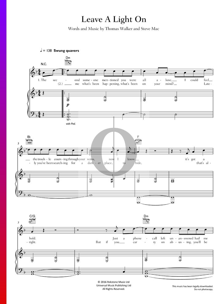 Leave A Light On Tom Walker Piano Sheet Music Oktav