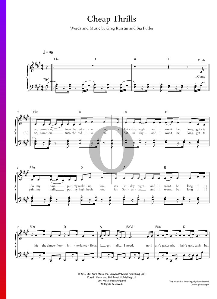Cheap Thrills (Sia) Piano Sheet Music OKTAV