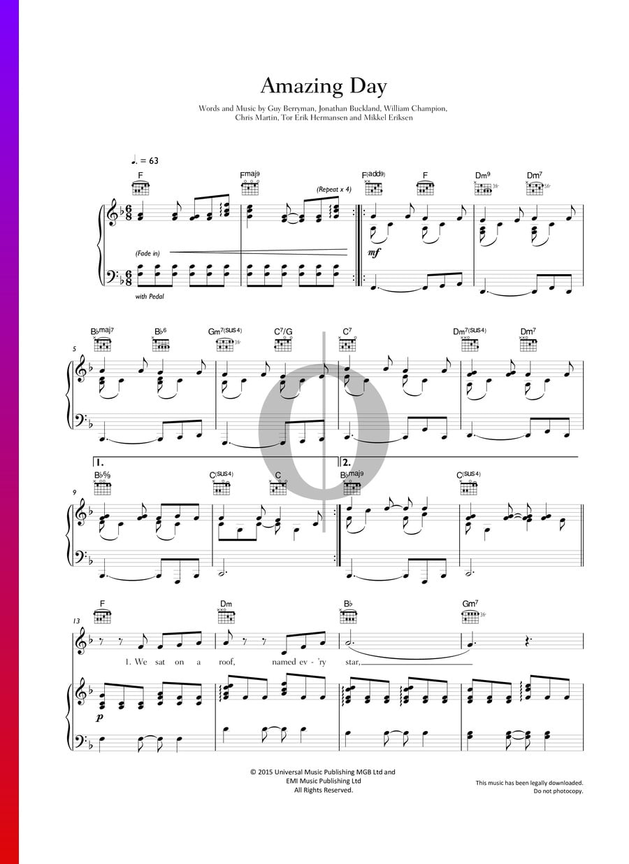 Amazing Day Coldplay Piano Sheet Music Oktav