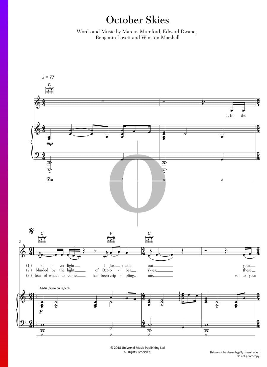 October Skies (Mumford &amp; Sons) Piano Sheet Music - OKTAV