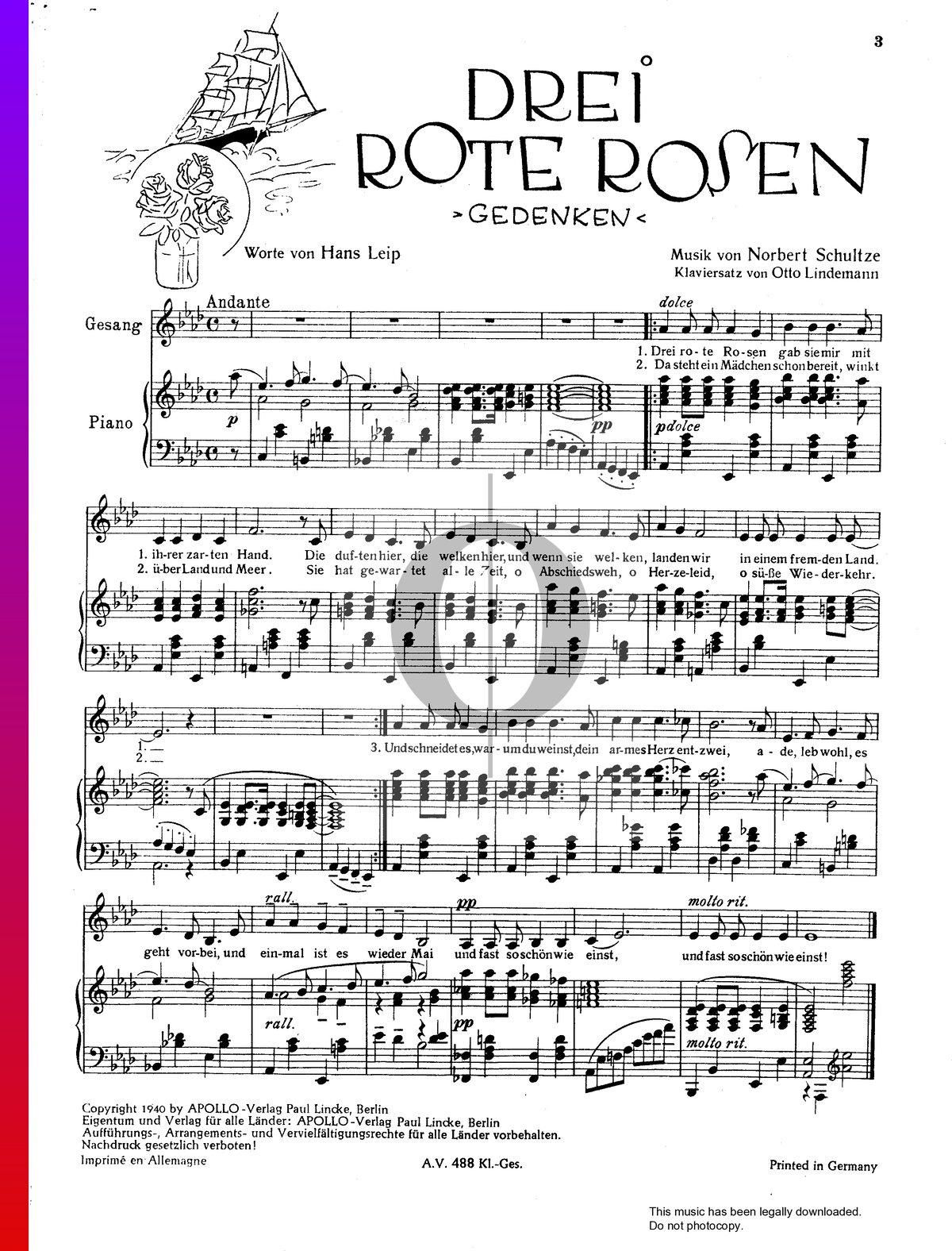 Drei Rote Rosen (Gedenken) bladmuziek (Piano, Stem) - OKTAV