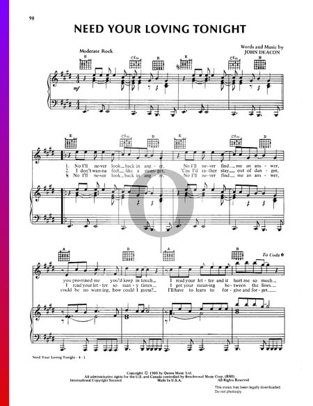 Need Your Loving Tonight Sheet Music